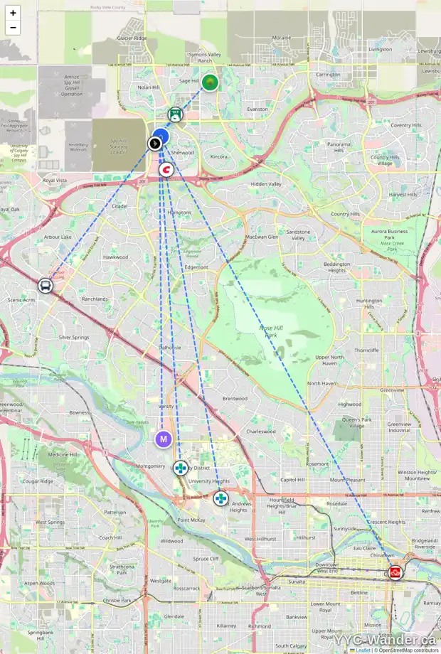 Daily accessibility map for 48 SHERVIEW GV NW, Calgary showing nearby schools, grocery stores, parks, LRT stations and nearby amenities
