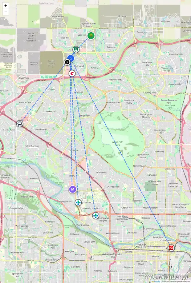 Daily accessibility map for 291 SHERVIEW GV NW, Calgary showing nearby schools, grocery stores, parks, LRT stations and nearby amenities