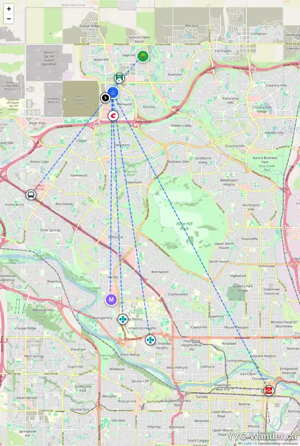 Daily accessibility map for 251 SHERVIEW GV NW, Calgary showing nearby schools, grocery stores, parks, LRT stations and nearby amenities