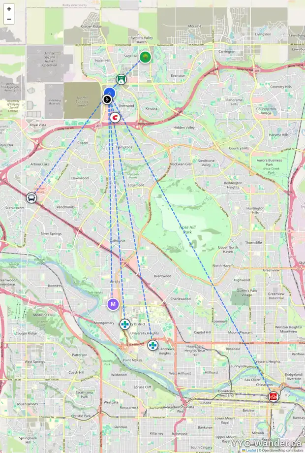 Daily accessibility map for 107 SHERVIEW GV NW, Calgary showing nearby schools, grocery stores, parks, LRT stations and nearby amenities