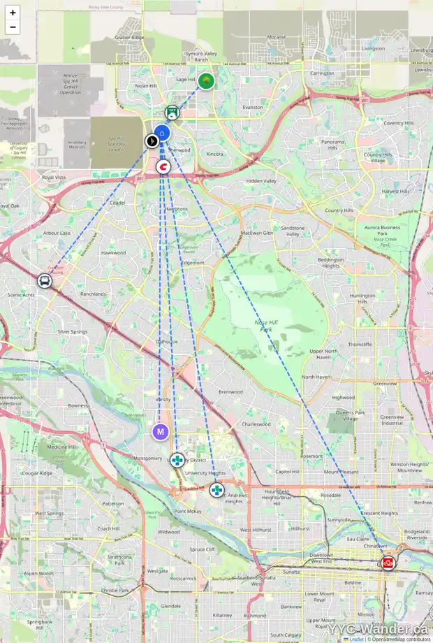 Daily accessibility map for 263 SHERVIEW GV NW, Calgary showing nearby schools, grocery stores, parks, LRT stations and nearby amenities