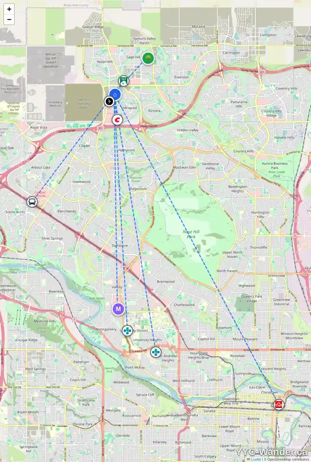 Daily accessibility map for 307 SHERVIEW GV NW, Calgary showing nearby schools, grocery stores, parks, LRT stations and nearby amenities