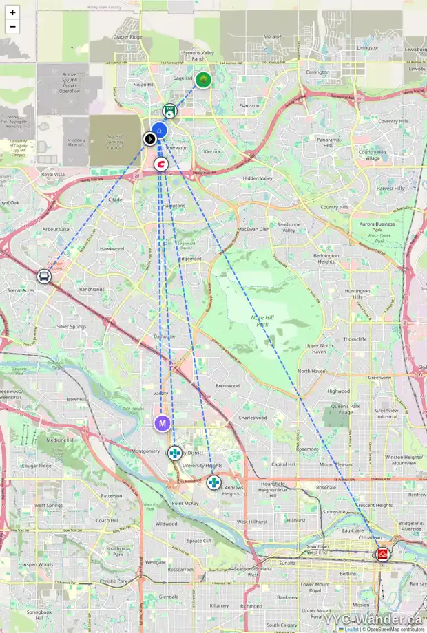 Daily accessibility map for 267 SHERVIEW GV NW, Calgary showing nearby schools, grocery stores, parks, LRT stations and nearby amenities