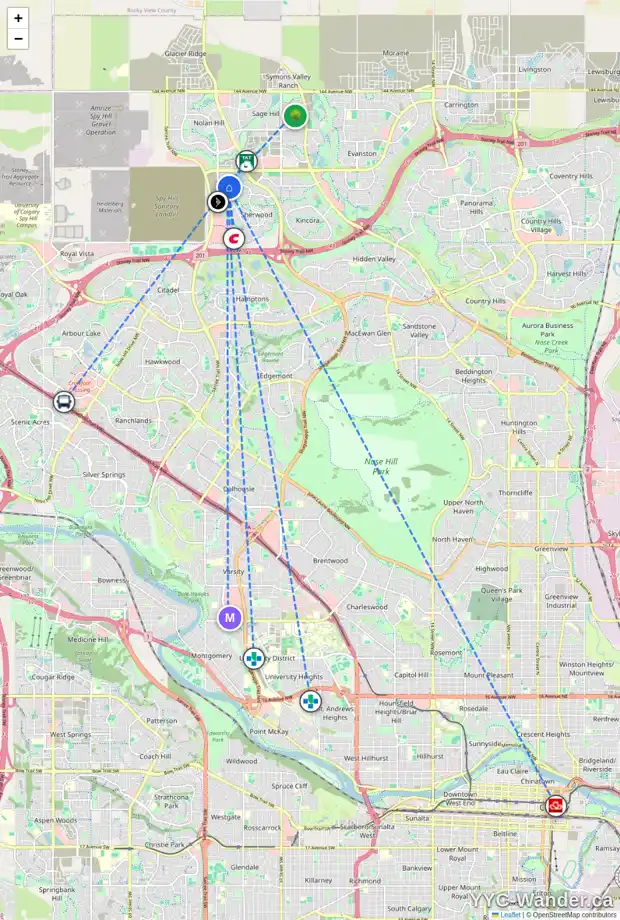 Daily accessibility map for 315 SHERVIEW GV NW, Calgary showing nearby schools, grocery stores, parks, LRT stations and nearby amenities