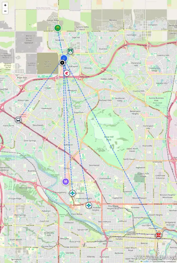 Daily accessibility map for 83 SHERVIEW GV NW, Calgary showing nearby schools, grocery stores, parks, LRT stations and nearby amenities