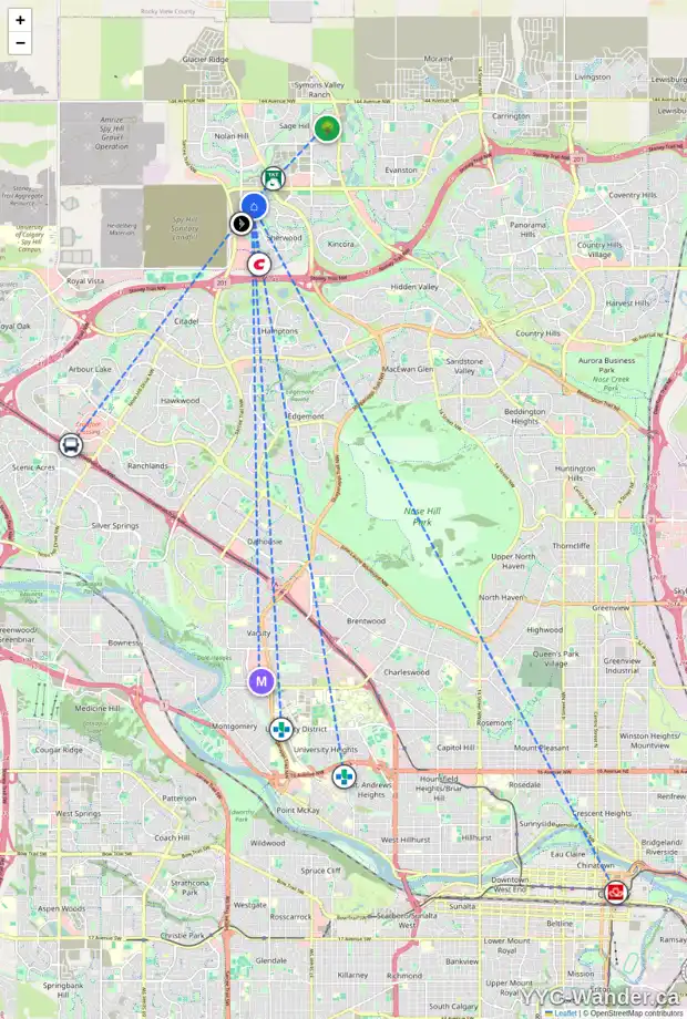 Daily accessibility map for 323 SHERVIEW GV NW, Calgary showing nearby schools, grocery stores, parks, LRT stations and nearby amenities