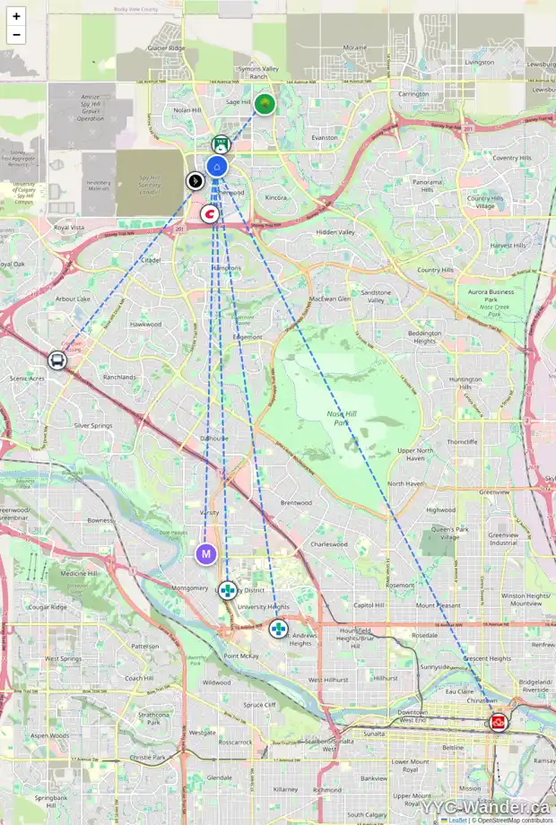 Daily accessibility map for 510 SHERWOOD BV NW, Calgary showing nearby schools, grocery stores, parks, LRT stations and nearby amenities