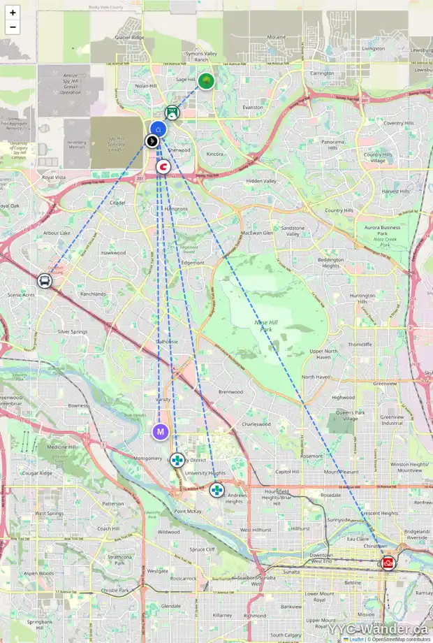 Daily accessibility map for 6 SHERVIEW HT NW, Calgary showing nearby schools, grocery stores, parks, LRT stations and nearby amenities