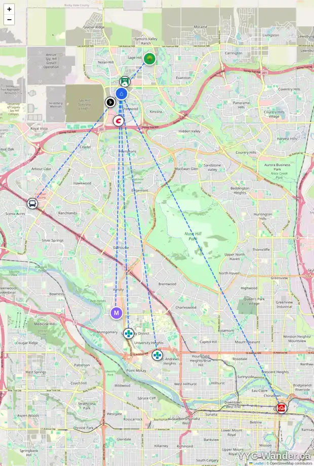 Daily accessibility map for 494 SHERWOOD BV NW, Calgary showing nearby schools, grocery stores, parks, LRT stations and nearby amenities