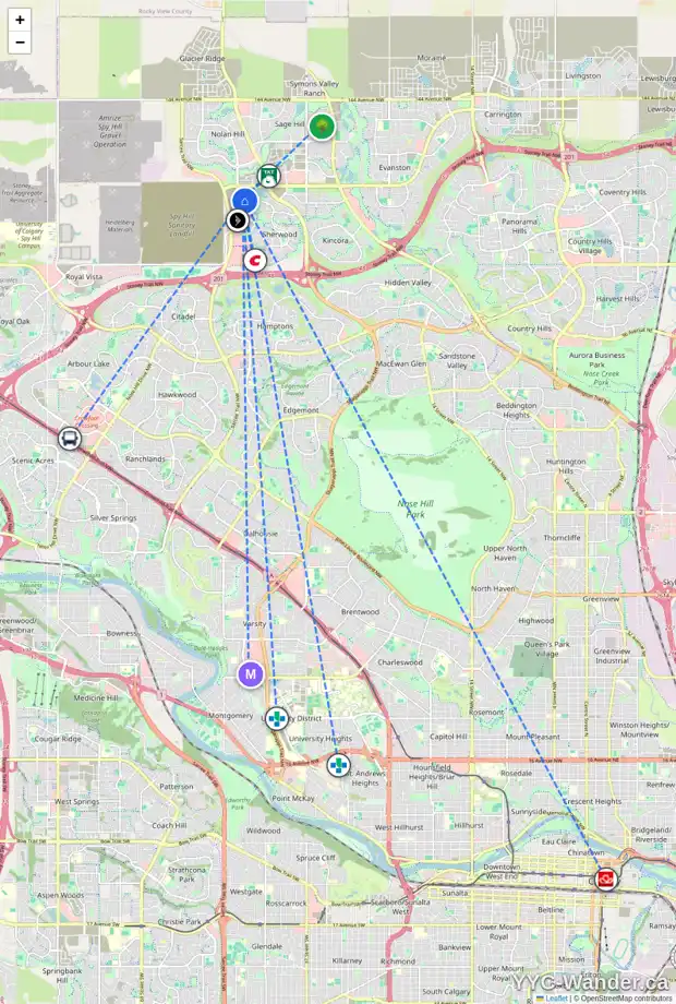 Daily accessibility map for 378 SHERWOOD BV NW, Calgary showing nearby schools, grocery stores, parks, LRT stations and nearby amenities