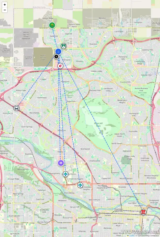 Daily accessibility map for 22 SHERVIEW HT NW, Calgary showing nearby schools, grocery stores, parks, LRT stations and nearby amenities