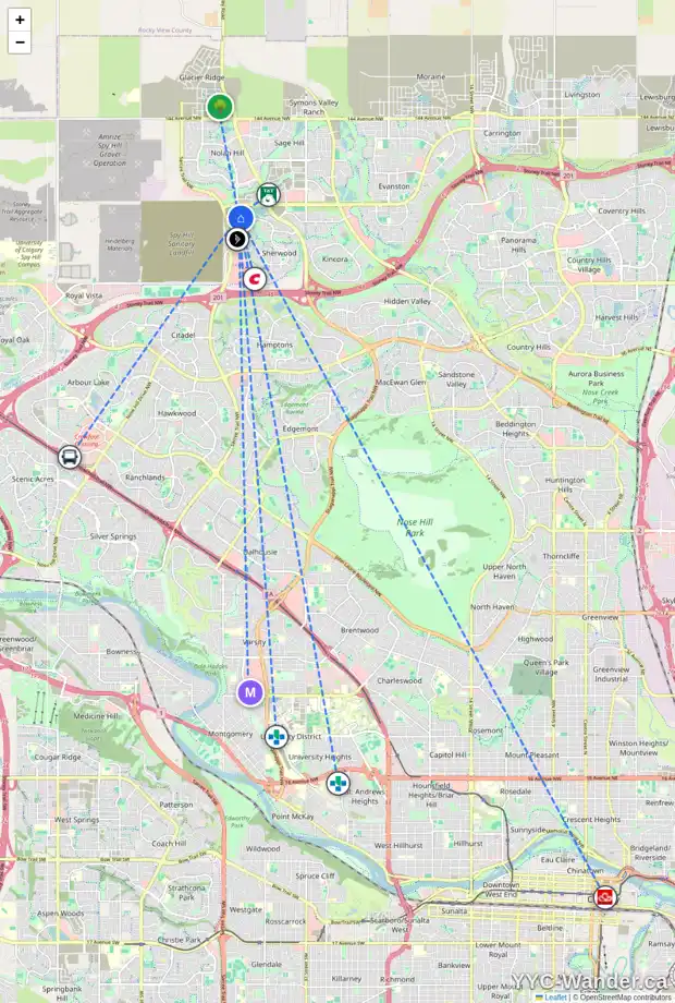 Daily accessibility map for 58 SHERVIEW HT NW, Calgary showing nearby schools, grocery stores, parks, LRT stations and nearby amenities