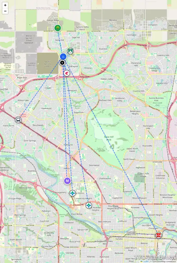 Daily accessibility map for 74 SHERVIEW HT NW, Calgary showing nearby schools, grocery stores, parks, LRT stations and nearby amenities