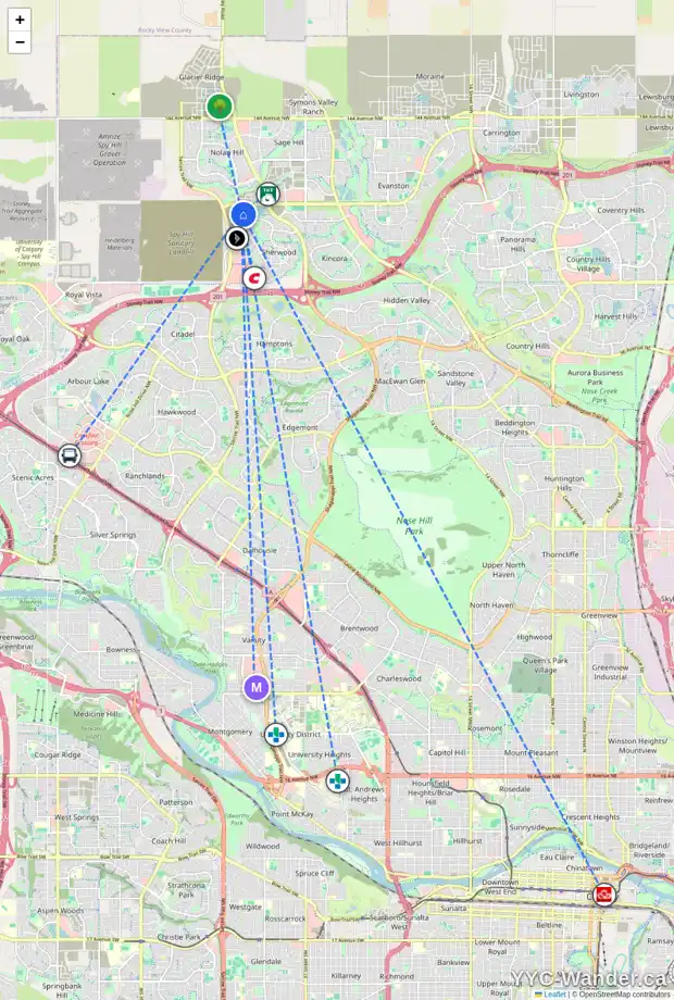 Daily accessibility map for 73 SHERVIEW HT NW, Calgary showing nearby schools, grocery stores, parks, LRT stations and nearby amenities