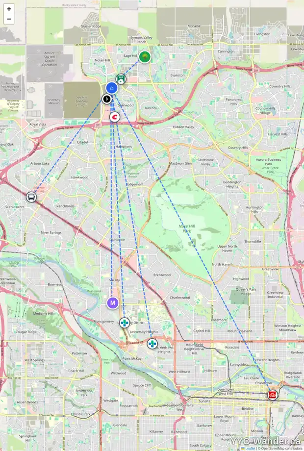 Daily accessibility map for 198 SHERVIEW HT NW, Calgary showing nearby schools, grocery stores, parks, LRT stations and nearby amenities