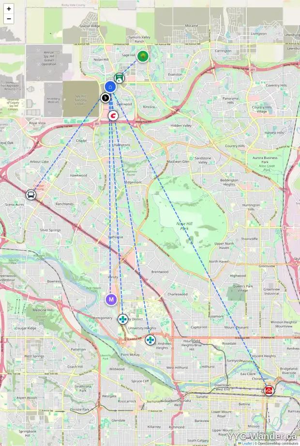 Daily accessibility map for 190 SHERVIEW HT NW, Calgary showing nearby schools, grocery stores, parks, LRT stations and nearby amenities