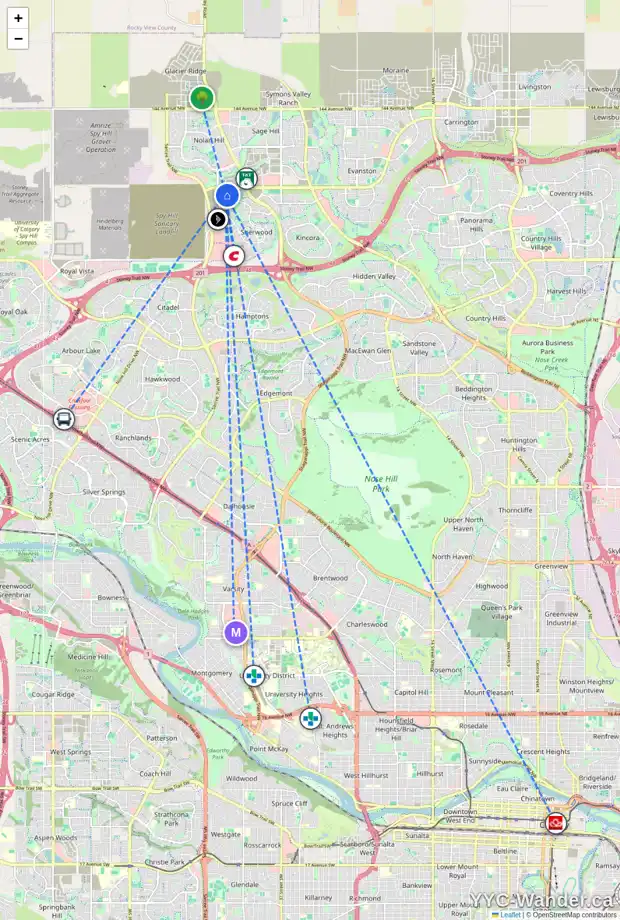 Daily accessibility map for 186 SHERVIEW HT NW, Calgary showing nearby schools, grocery stores, parks, LRT stations and nearby amenities