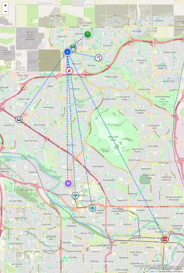 Daily accessibility map for 160 SHERVIEW HT NW, Calgary showing nearby schools, grocery stores, parks, LRT stations and nearby amenities