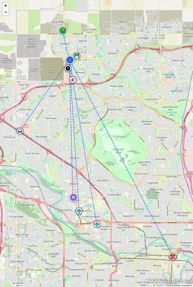 Daily accessibility map for 146 SHERVIEW HT NW, Calgary showing nearby schools, grocery stores, parks, LRT stations and nearby amenities