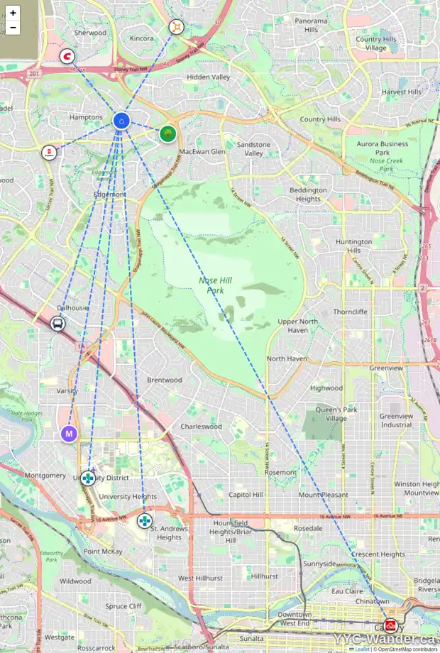 Daily accessibility map for 57 HAMPSTEAD GR NW, Calgary showing nearby schools, grocery stores, parks, LRT stations and nearby amenities