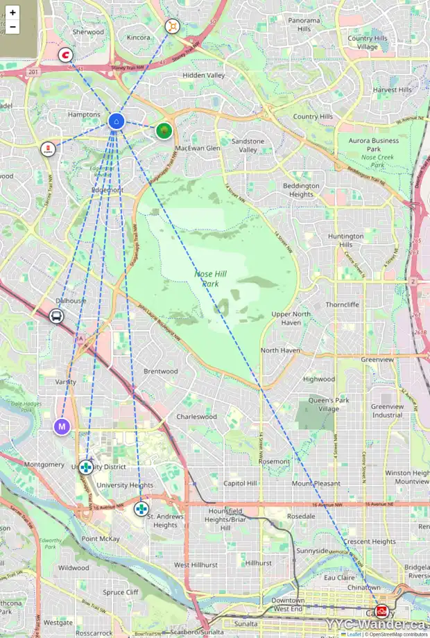 Daily accessibility map for 85 HAMPSTEAD GR NW, Calgary showing nearby schools, grocery stores, parks, LRT stations and nearby amenities