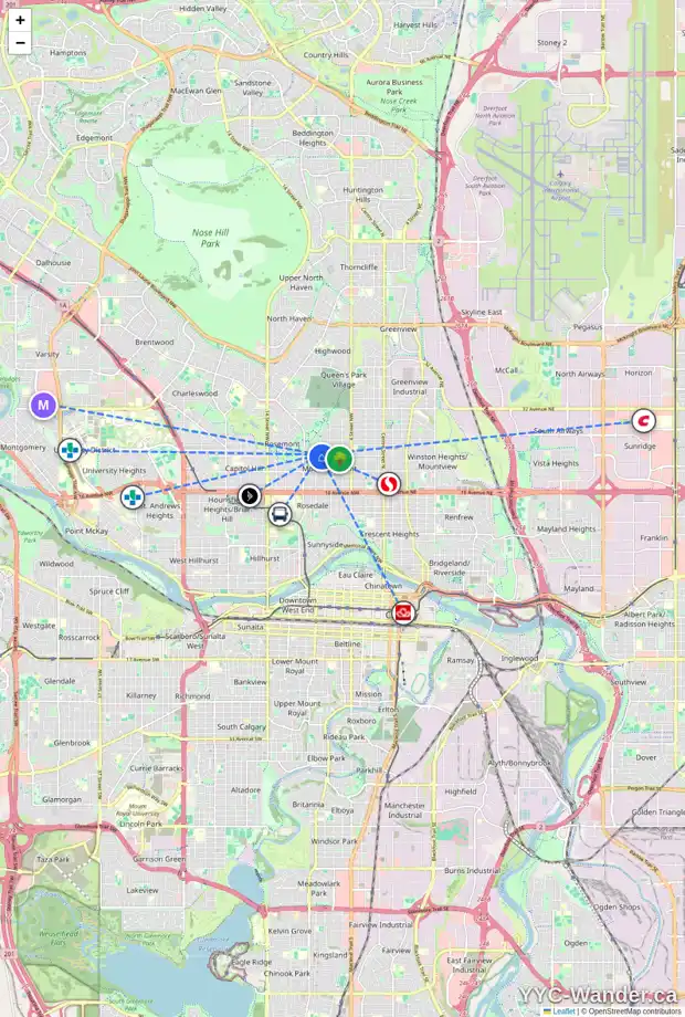 Daily accessibility map for 824 23 AV NW, Calgary showing nearby schools, grocery stores, parks, LRT stations and nearby amenities