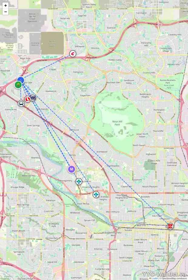 Daily accessibility map for 147 ARBOUR CREST RI NW, Calgary showing nearby schools, grocery stores, parks, LRT stations and nearby amenities