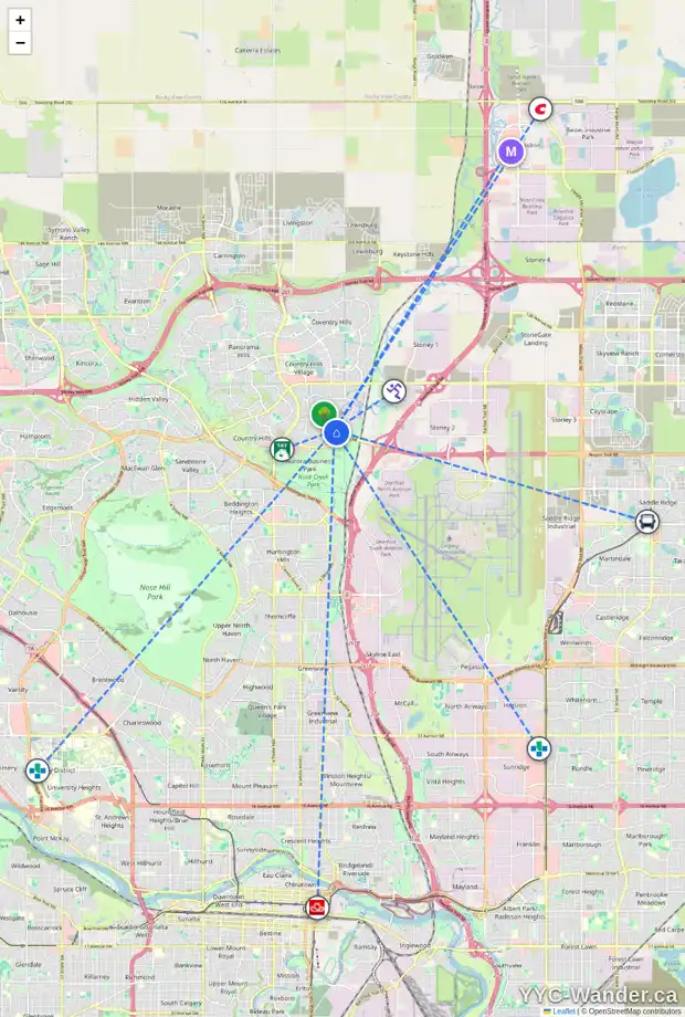 Daily accessibility map for 951 HARVEST HILLS DR NE, Calgary showing nearby schools, grocery stores, parks, LRT stations and nearby amenities