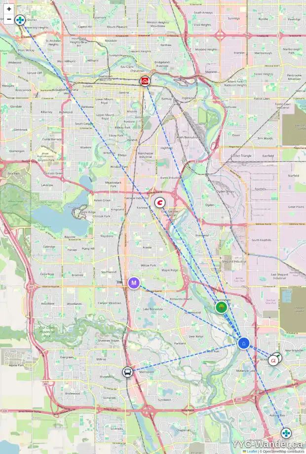 Daily accessibility map for 221 MT DOUGLAS CL SE, Calgary showing nearby schools, grocery stores, parks, LRT stations and nearby amenities