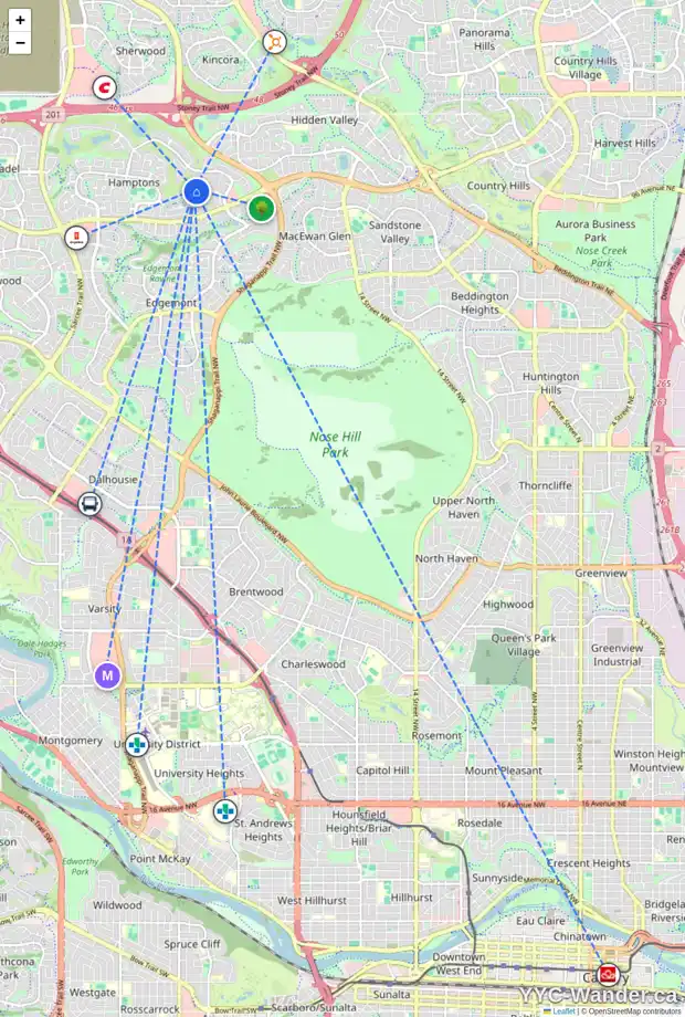 Daily accessibility map for 8 HAMPSTEAD GR NW, Calgary showing nearby schools, grocery stores, parks, LRT stations and nearby amenities