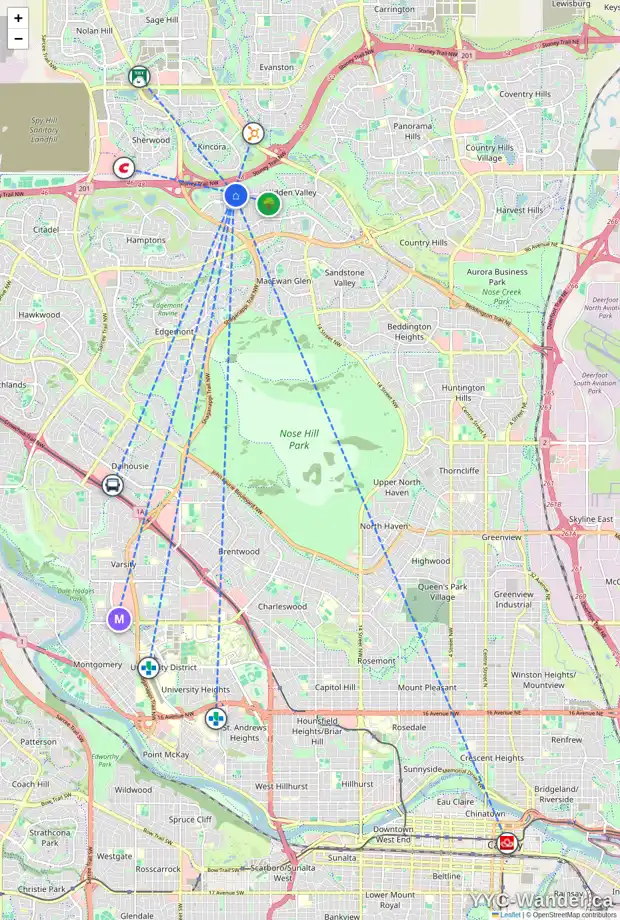 Daily accessibility map for 95 HIDDEN RANCH CL NW, Calgary showing nearby schools, grocery stores, parks, LRT stations and nearby amenities