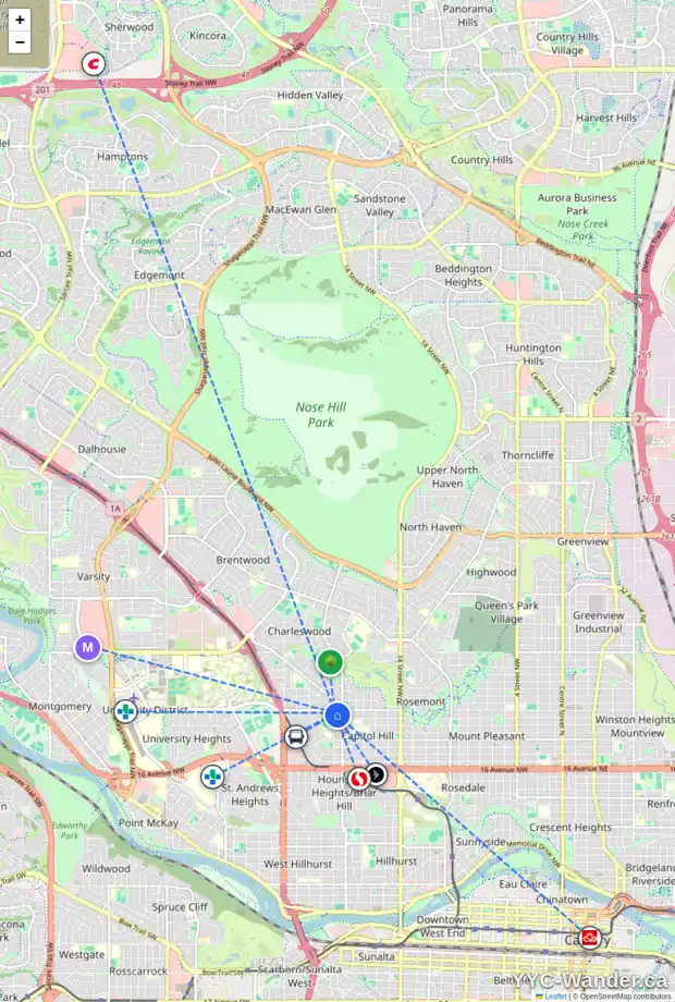 Daily accessibility map for 2023 24 AV NW, Calgary showing nearby schools, grocery stores, parks, LRT stations and nearby amenities