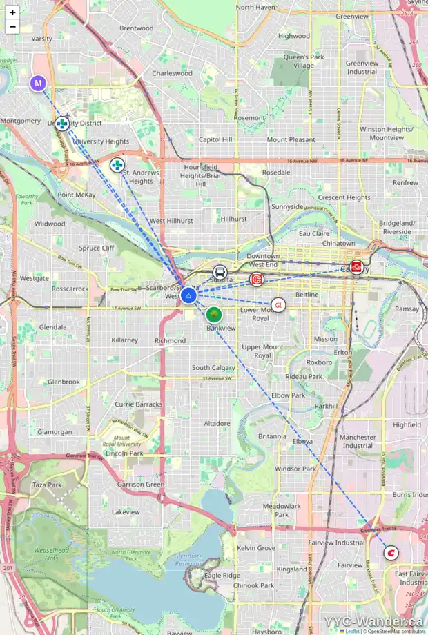 Daily accessibility map for 523 SONORA AV SW, Calgary showing nearby schools, grocery stores, parks, LRT stations and nearby amenities