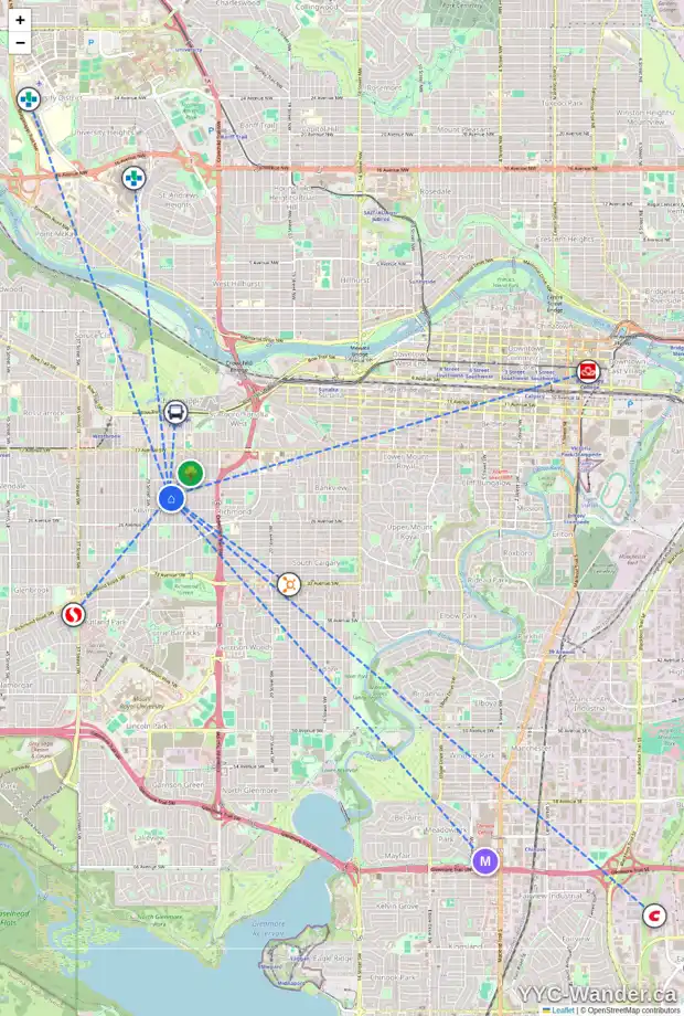 Daily accessibility map for 2402 27 ST SW, Calgary showing nearby schools, grocery stores, parks, LRT stations and nearby amenities