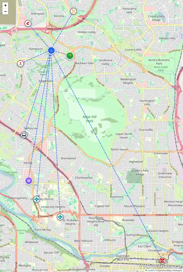Daily accessibility map for 28 HAMPSTEAD GR NW, Calgary showing nearby schools, grocery stores, parks, LRT stations and nearby amenities