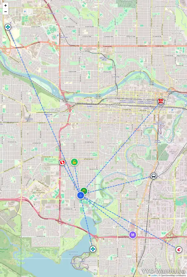 Daily accessibility map for 1943 48 AV SW, Calgary showing nearby schools, grocery stores, parks, LRT stations and nearby amenities