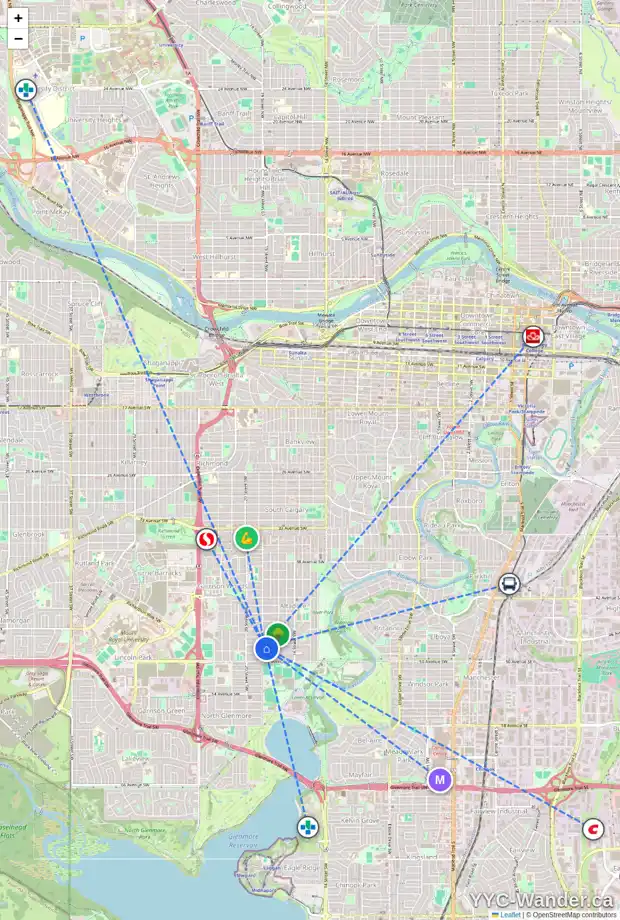 Daily accessibility map for 1945 48 AV SW, Calgary showing nearby schools, grocery stores, parks, LRT stations and nearby amenities