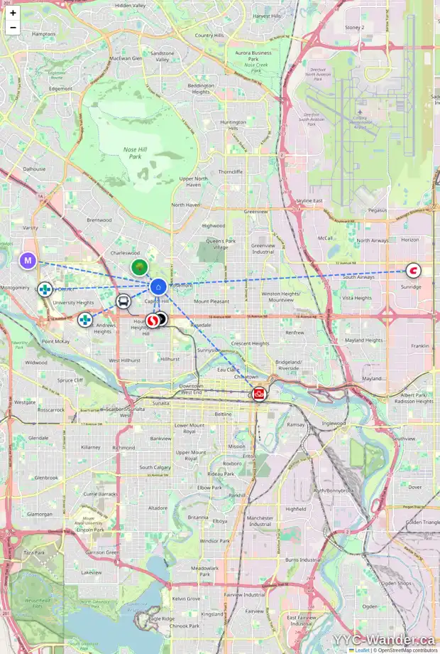 Daily accessibility map for 1709 25 AV NW, Calgary showing nearby schools, grocery stores, parks, LRT stations and nearby amenities