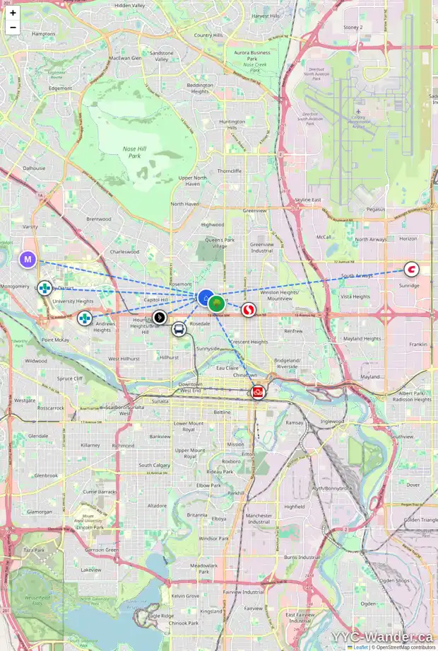 Daily accessibility map for 819 22 AV NW, Calgary showing nearby schools, grocery stores, parks, LRT stations and nearby amenities