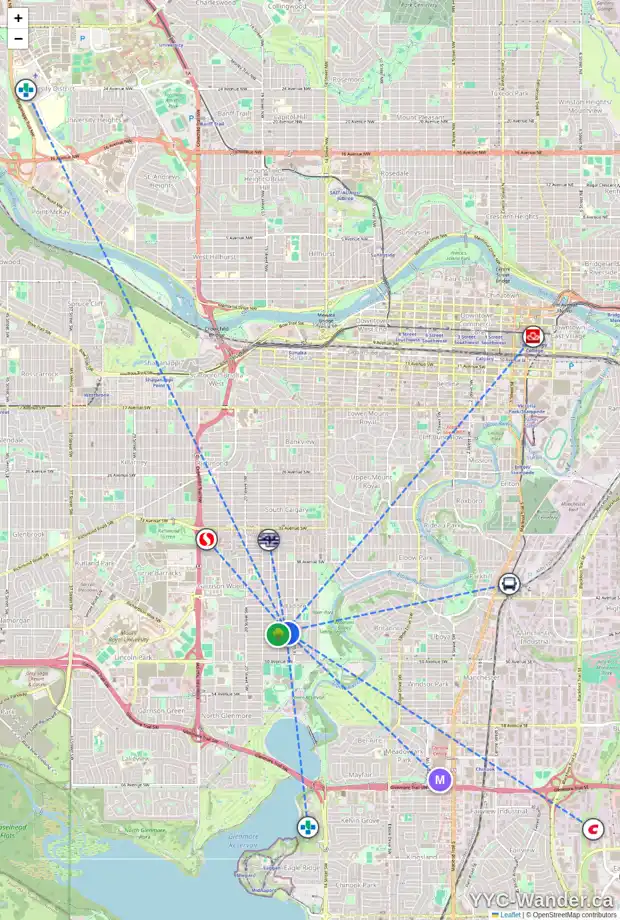 Daily accessibility map for 1725 46 AV SW, Calgary showing nearby schools, grocery stores, parks, LRT stations and nearby amenities