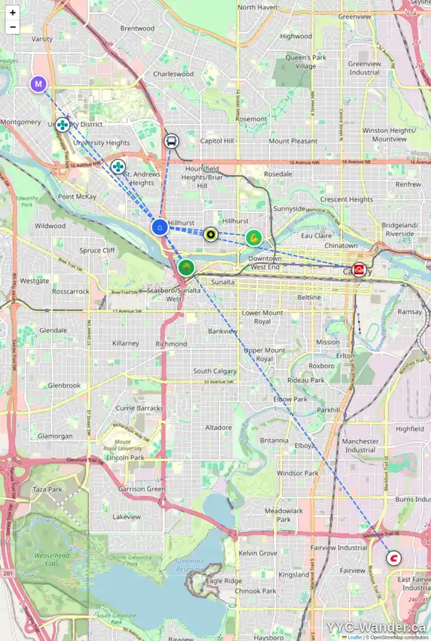 Daily accessibility map for 2528 2 AV NW, Calgary showing nearby schools, grocery stores, parks, LRT stations and nearby amenities