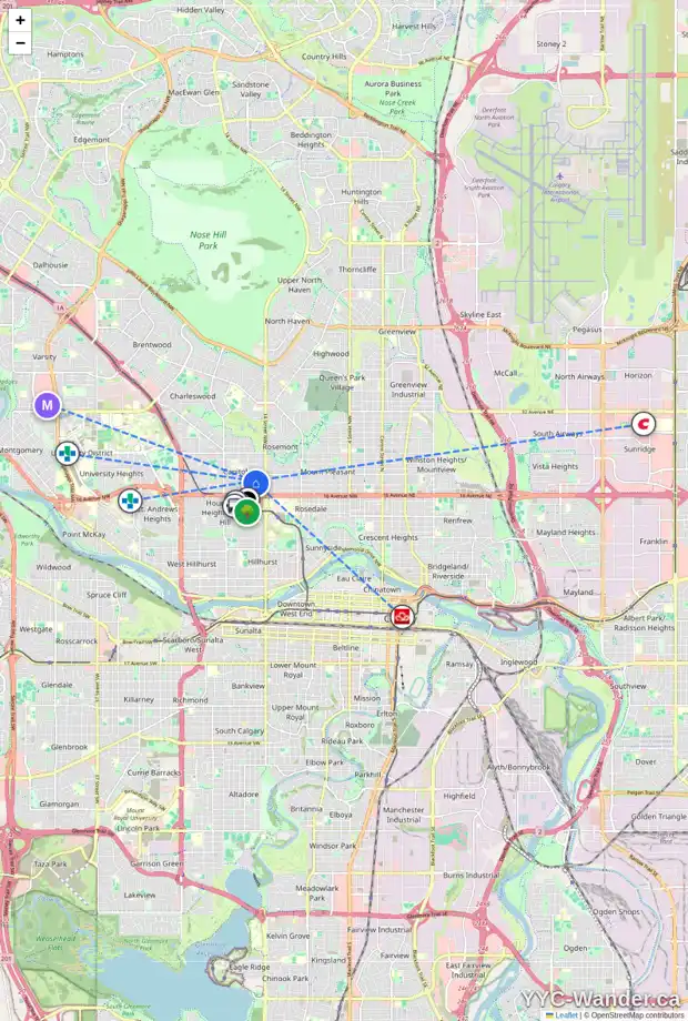 Daily accessibility map for 1611 19 AV NW, Calgary showing nearby schools, grocery stores, parks, LRT stations and nearby amenities