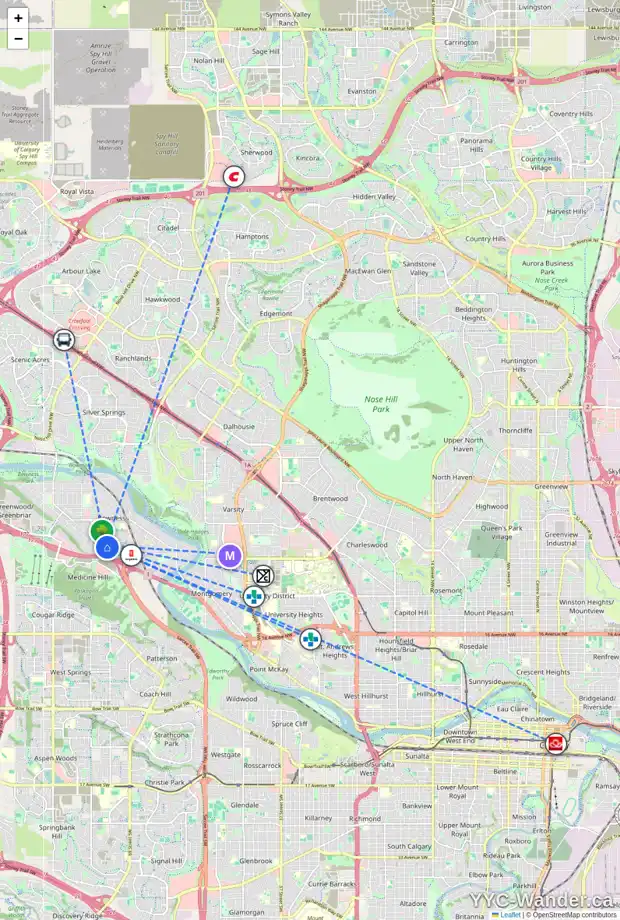 Daily accessibility map for 7502 34 AV NW, Calgary showing nearby schools, grocery stores, parks, LRT stations and nearby amenities