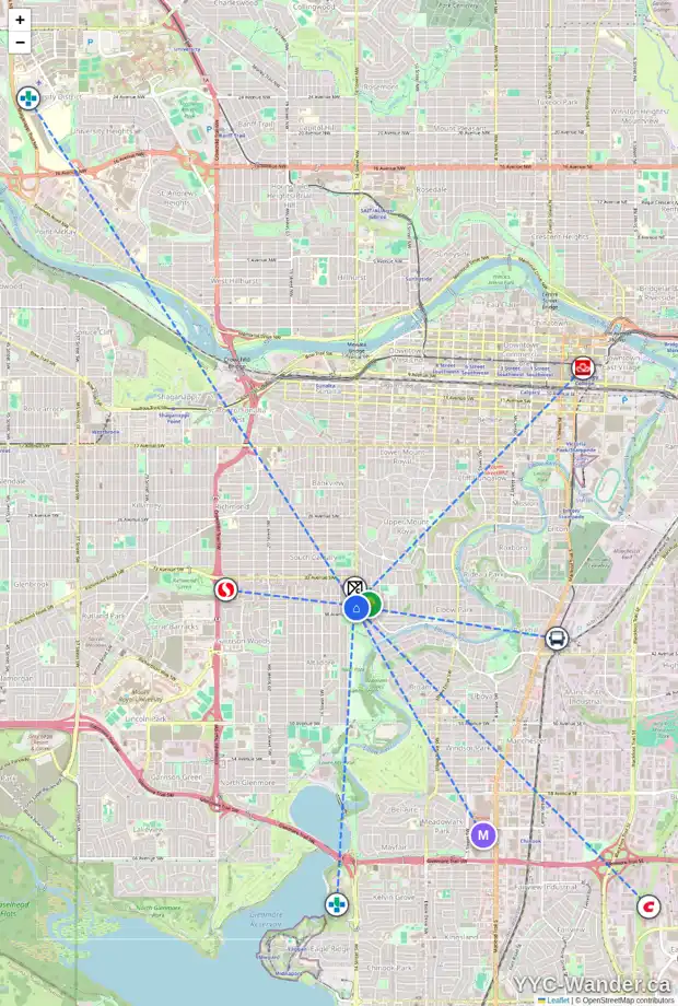 Daily accessibility map for 1503 37 AV SW, Calgary showing nearby schools, grocery stores, parks, LRT stations and nearby amenities