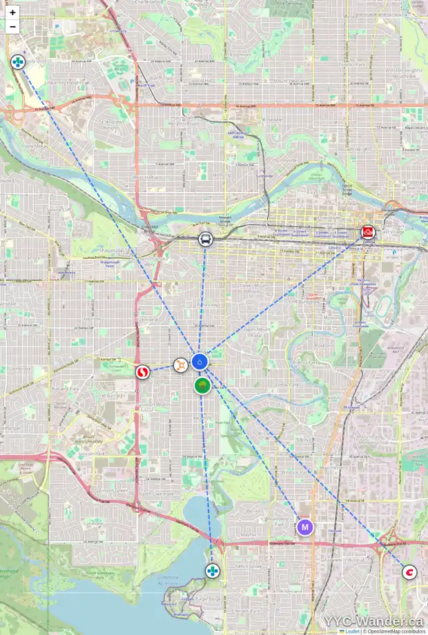 Daily accessibility map for 1739 32 AV SW, Calgary showing nearby schools, grocery stores, parks, LRT stations and nearby amenities