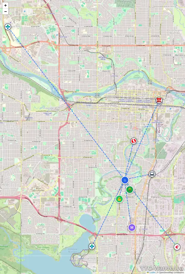 Daily accessibility map for 4224 ELBOW DR SW, Calgary showing nearby schools, grocery stores, parks, LRT stations and nearby amenities