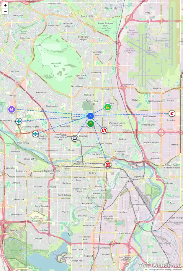 Daily accessibility map for 626 28 AV NW, Calgary showing nearby schools, grocery stores, parks, LRT stations and nearby amenities