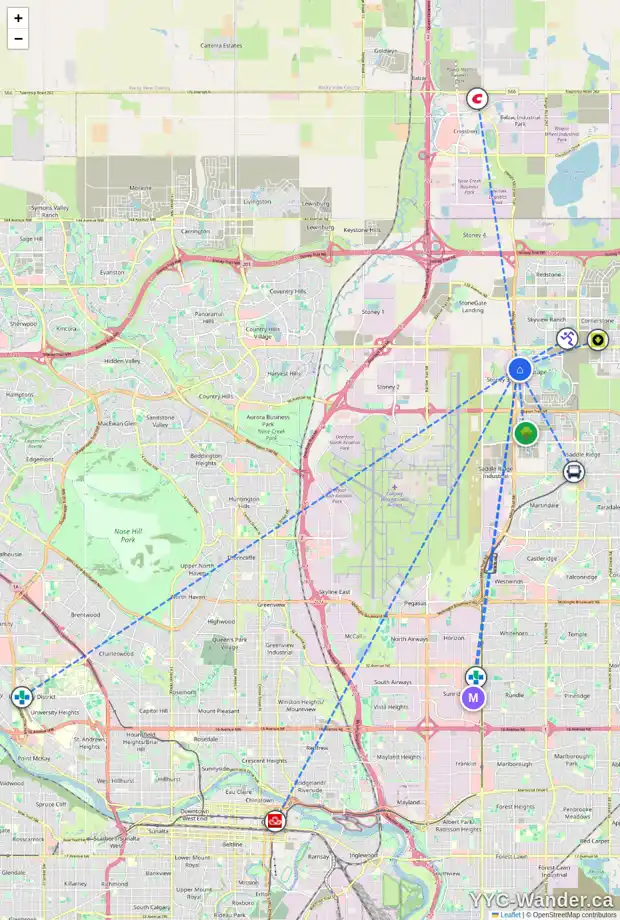 Daily accessibility map for 221 CITYSCAPE CM NE, Calgary showing nearby schools, grocery stores, parks, LRT stations and nearby amenities