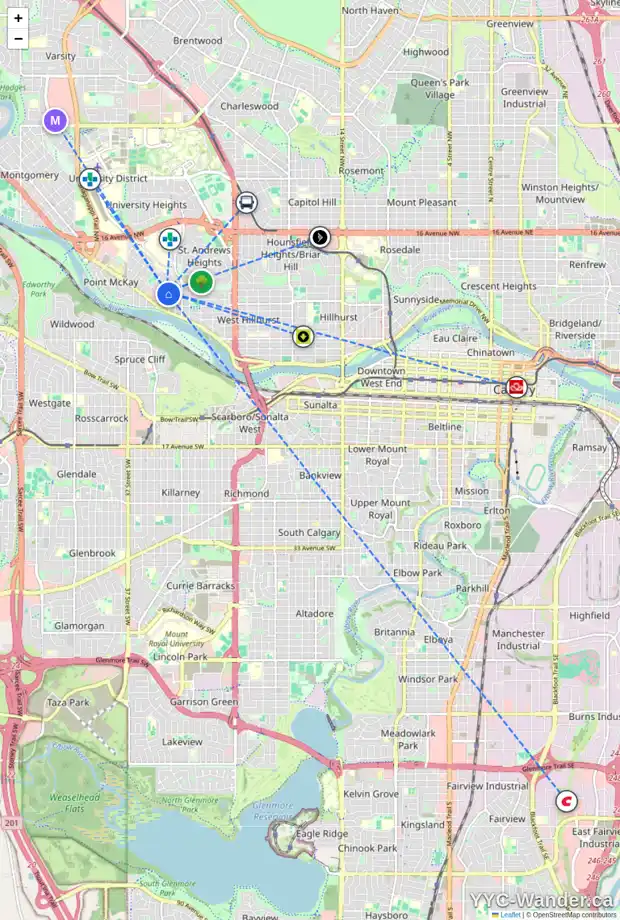 Daily accessibility map for 718 33 ST NW, Calgary showing nearby schools, grocery stores, parks, LRT stations and nearby amenities