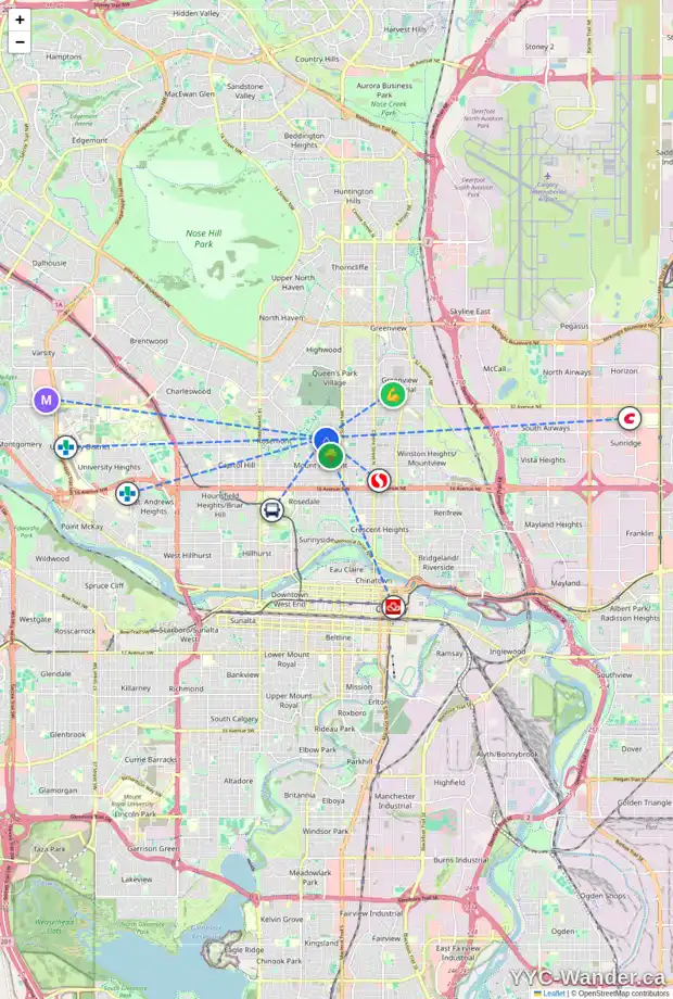 Daily accessibility map for 645 26 AV NW, Calgary showing nearby schools, grocery stores, parks, LRT stations and nearby amenities